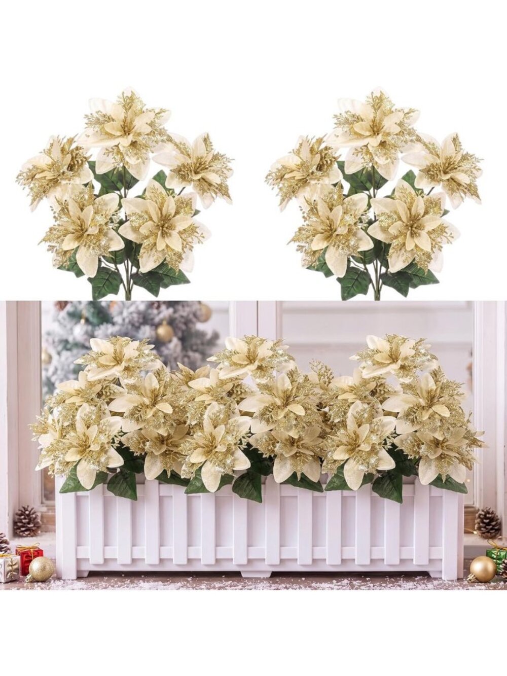 12 Bundles Glitter Poinsettia Flowers for Christmas Decor - Gold Holiday Accent